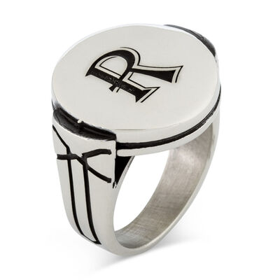 Mens Simple Design Octagon Ring 925 Sterling Silver with Personalized Letters - 1