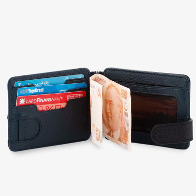 Personalized Navy Blue Black Leather Double Sided Mens Wallet with Money Clip - 7