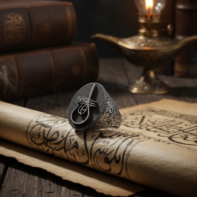 Silver Inlaid Mens Ring with Red Zircon Stonework - 1