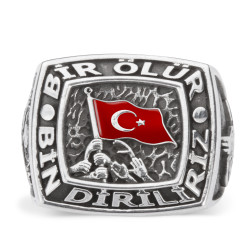 Silver Mens Ring with Turkish National Motived One of Us Dies a Thousand Rises - 1