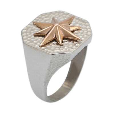 Silver Octagon North Star Compass Model Mens Ring - 1