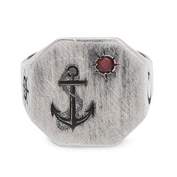 Silver Octagonal Anchor Rudder and Moon Star Mini Red Zircon Stone Mens Ring - 3