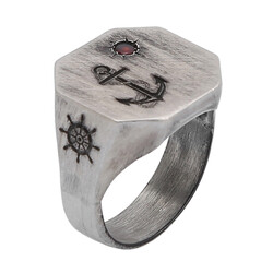 Silver Octagonal Anchor Rudder and Moon Star Mini Red Zircon Stone Mens Ring - 1