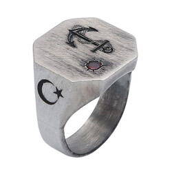 Silver Octagonal Anchor Rudder and Moon Star Mini Red Zircon Stone Mens Ring - 2