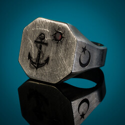 Silver Octagonal Anchor Rudder and Moon Star Mini Red Zircon Stone Mens Ring - 6