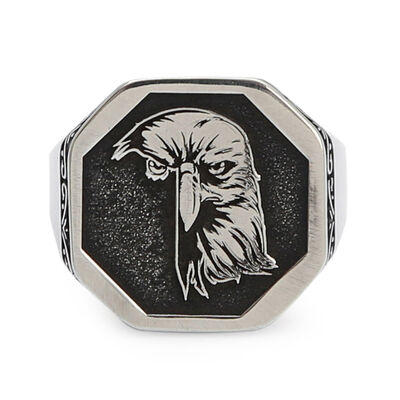 Silver Octagonal Eagle Motif Mens Ring Linear Patterned Case - 2