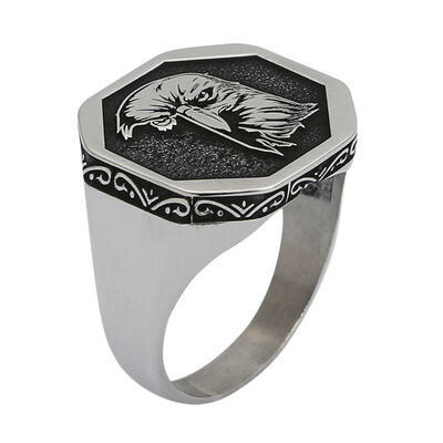 Silver Octagonal Eagle Motif Mens Ring Linear Patterned Case - 1