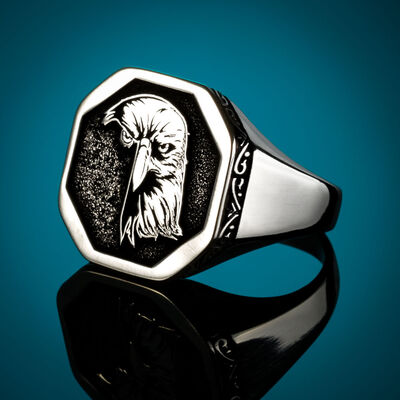 Silver Octagonal Eagle Motif Mens Ring Linear Patterned Case - 5