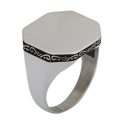 Silver Octagonal Simple Design Mens Ring Linear Patterned Model - 1