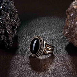 Simetrik Motifli Siyah Oniks Taşlı Gümüş Erkek Yüzük - 7
