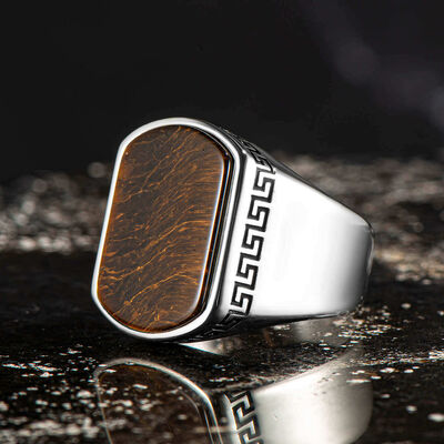 Simple Model Brown Tiger Eye Stone Sterling Silver Men's Ring - 1