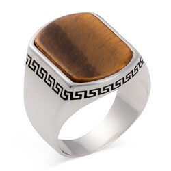 Simple Model Brown Tiger Eye Stone Sterling Silver Men's Ring - 3