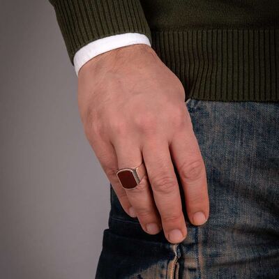 Simple Model Claret Red Agate Stone Silver Men's Ring - 6