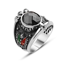 Sterling Silver Mens Eternal State Ring with Black Zircon & Eagles Talon - Anı Yüzük