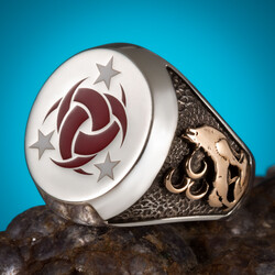 Teşkilât-ı Mahsusa Yüzüğü Kırmızı Mineli Bozkurt - Göktürkçe Türk 925 Ayar Gümüş - Anı Yüzük