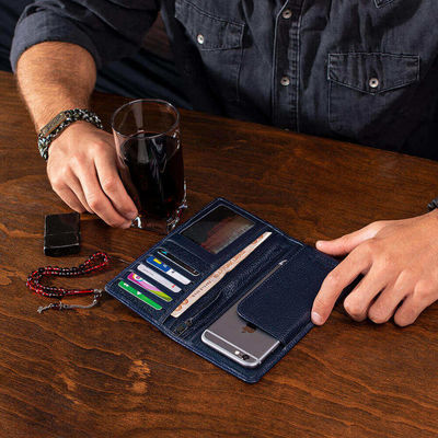 Vianel Genuine Leather Long Wallet with Cellphone Holder Navy Blue - 5
